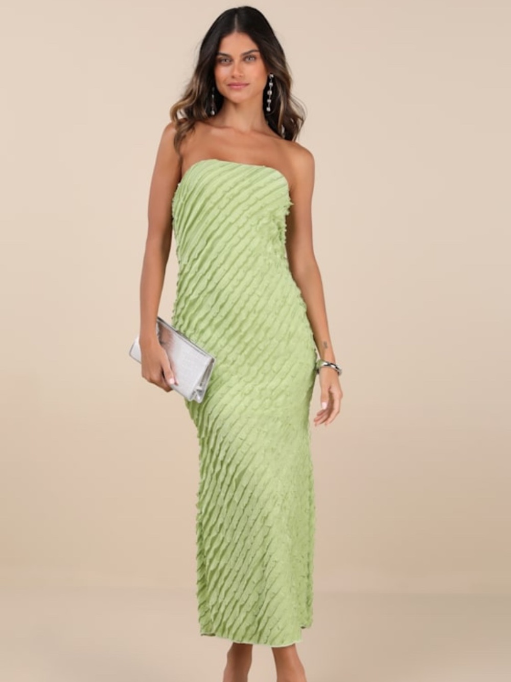 Lulus Faelyn Light Green Strapless Ruffled Midi Dress - Size S - Picture 1 of 1